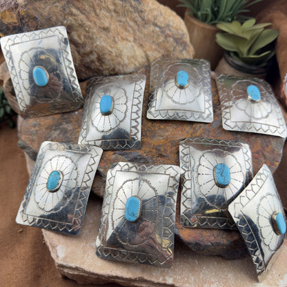 Hand Stamped Concho Belt Set - Eight Rectangle Conchos with Turquoise
