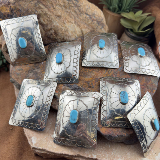 Hand Stamped Concho Belt Set - Eight Rectangle Conchos with Turquoise