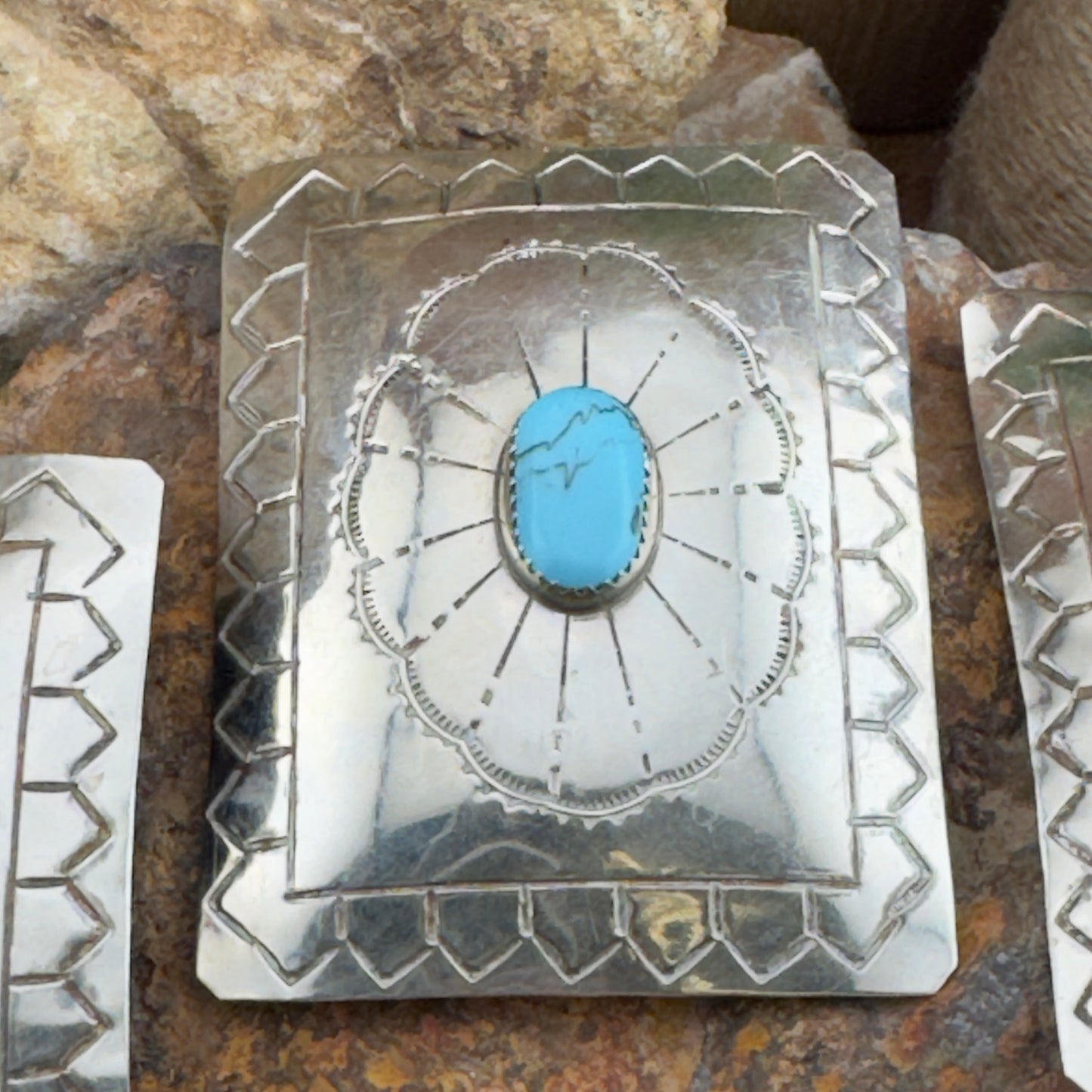 Hand Stamped Concho Belt Set - Eight Rectangle Conchos with Turquoise