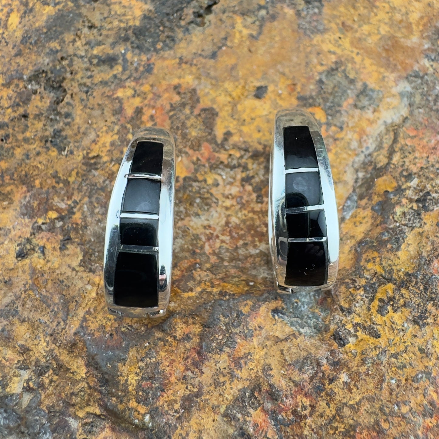 David Rosales Black Jade Inlaid Sterling Silver Earrings Huggie