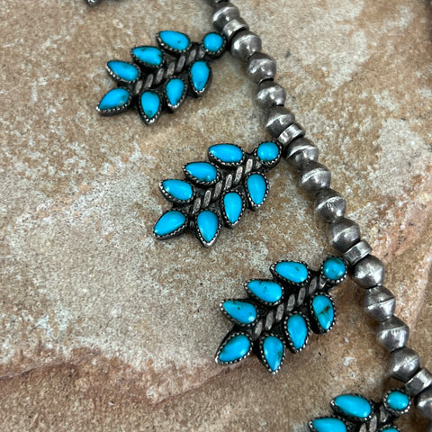 Vintage Petite Point Turquoise Silver Squash Blossom Necklace -- Estate Jewelry