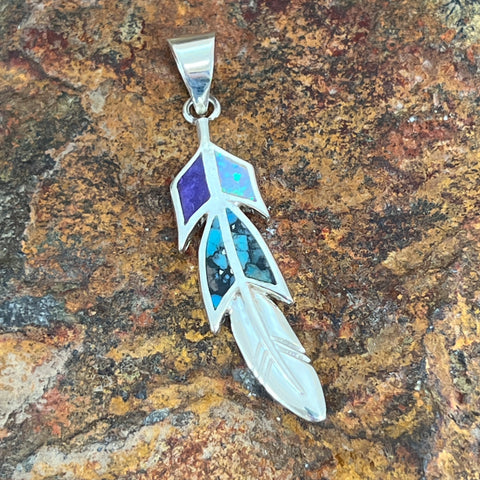 David Rosales Shalako Inlaid Sterling Silver Pendant Feather