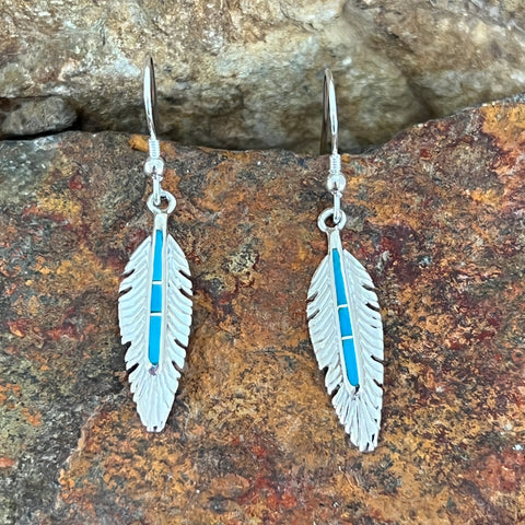 David Rosales Arizona Blue Inlaid Sterling Silver Earrings Feathers