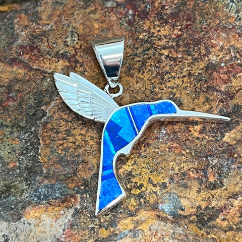 David Rosales Blue Sky Inlaid Sterling Silver Pendant Hummingbird