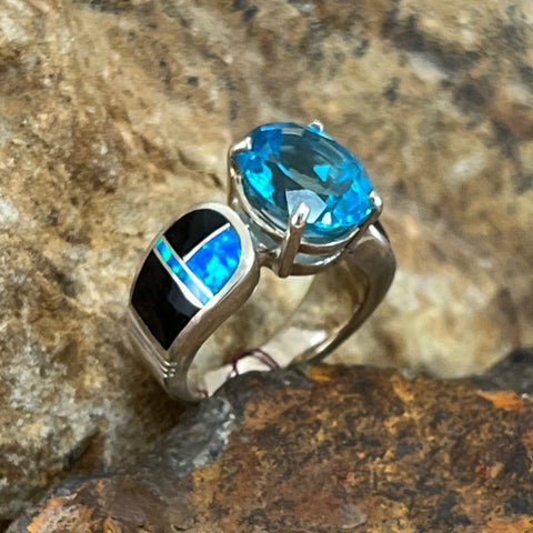 David Rosales Black Beauty Inlaid Sterling Silver Ring w/ Blue Topaz
