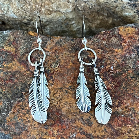 Traditional Sterling Silver Feather Earrings by Joe Mace