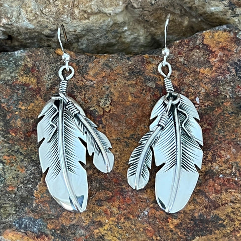 Traditional Sterling Silver Feather Earrings by Joe Mace
