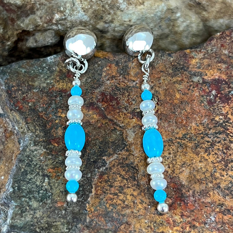 Traditional Sterling Silver Pearl Sleeping Beauty Earrings by Artie Yellowhorse