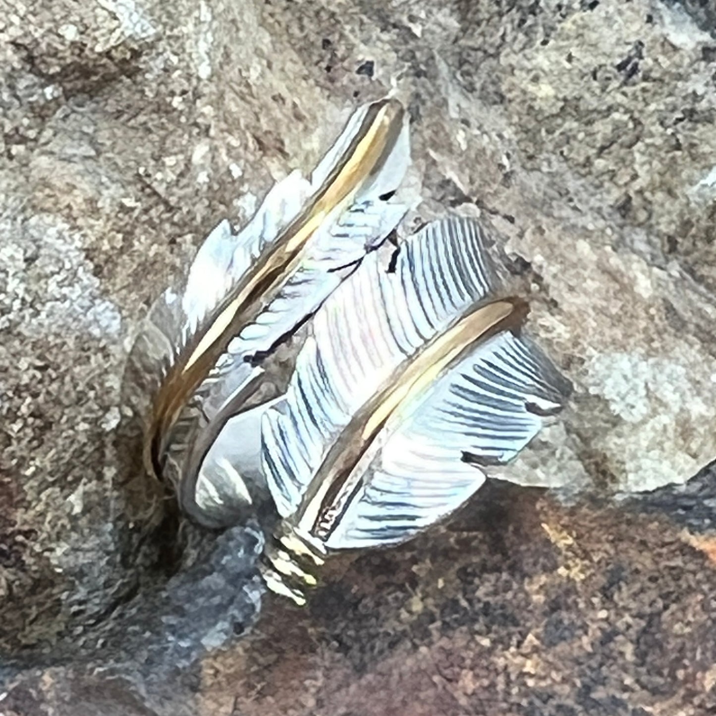 Sterling Silver & Gold Fill Ring Feather by Ann Valencia -- Adjustable