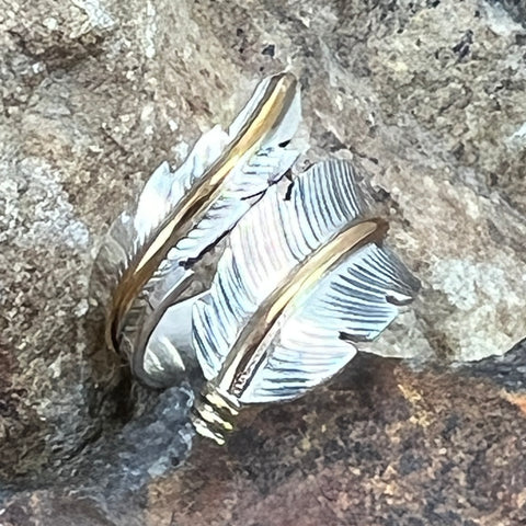 Sterling Silver & Gold Fill Ring Feather by Ann Valencia -- Adjustable Size 7 & 9