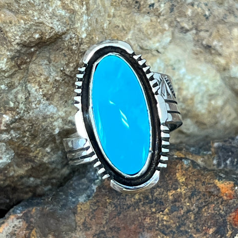 Kingman Turquoise Sterling Silver Ring by Wil Denetdale - Size 8 Adjustable