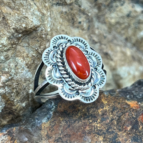 Red Coral & Sterling Silver Ring by Kevin Ramone - Size 8.5