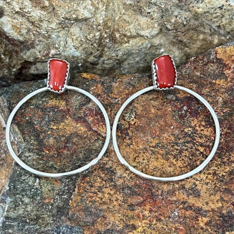 Red Coral Sterling Silver Earrings Hoops by Anna Spencer