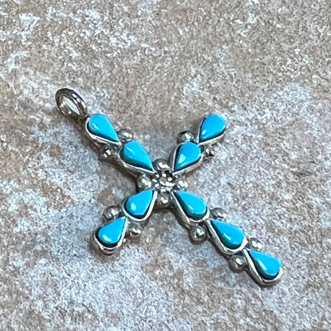 Estate Jewelry - Needlepoint Turquoise Silver Pendant Cross