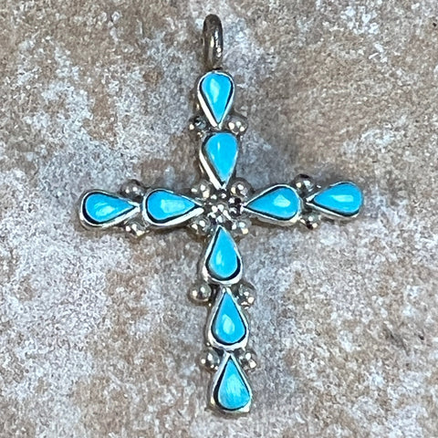 Estate Jewelry - Needlepoint Turquoise Silver Pendant Cross