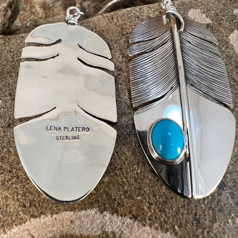 Sleeping Beauty Turquoise Sterling Sliver Feather Earrings by Lena Platero