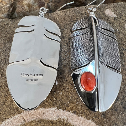 Orange Spiny Oyster Sterling Sliver Feather Earrings by Lena Platero