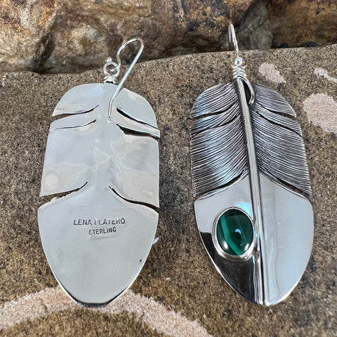 Malachite Sterling Sliver Feather Earrings by Lena Platero