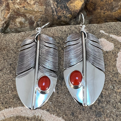 Red Coral Sterling Sliver Feather Earrings by Lena Platero