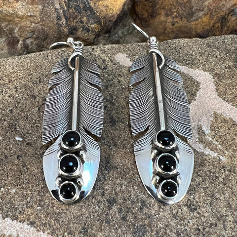 Black Onyx Sterling Sliver Feather Earrings by Lena Platero
