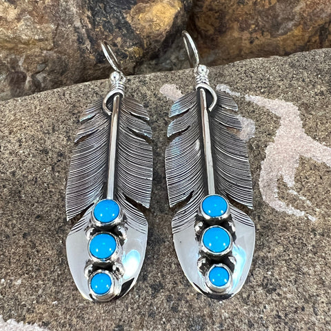 Sleeping Beauty Turquoise Sterling Sliver Feather Earrings by Lena Platero