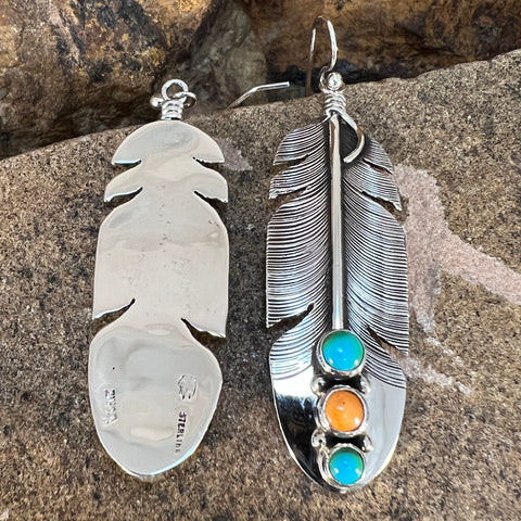 Sonoran Gold & Orange Spiny Oyster Sterling Sliver Feather Earrings by Lena Platero