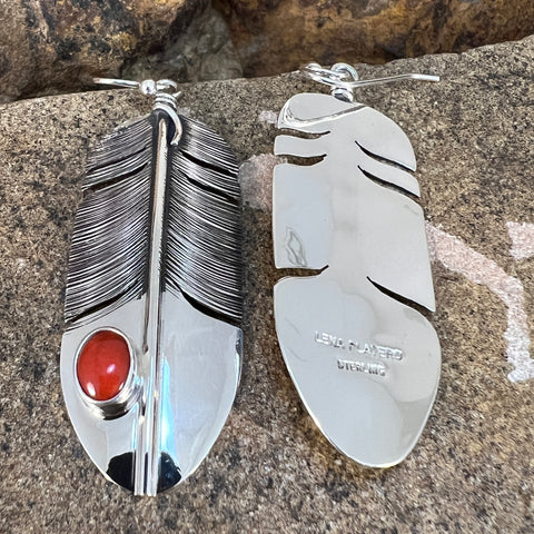 Red Coral Sterling Sliver Feather Earrings by Lena Platero