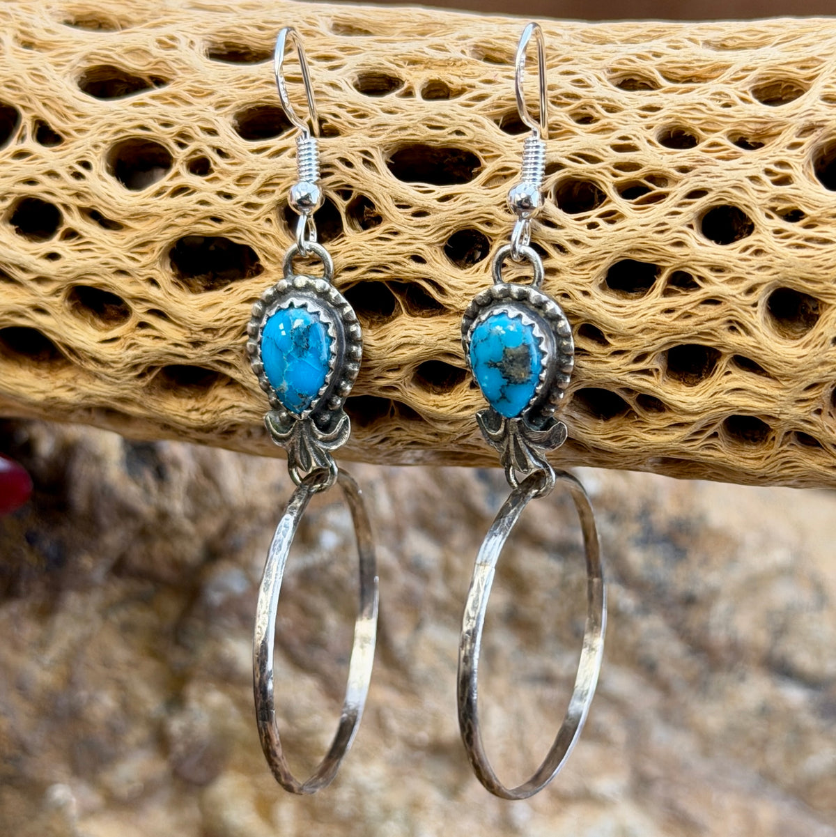 Sterling Silver Ithaca Peak Turquoise Hoop Dangle Earrings by Mary Tso