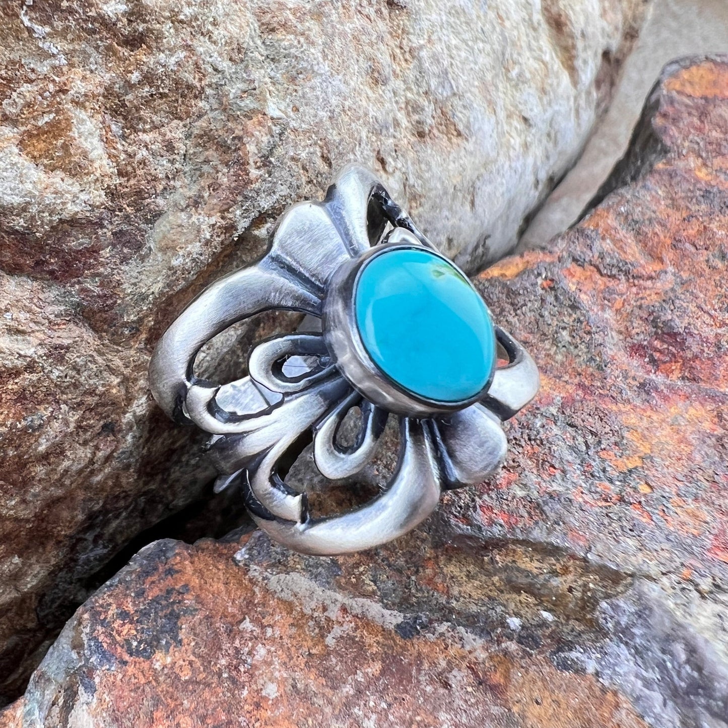 Kingman Turquoise Sterling Silver Ring by Ray Coriz - Size 8