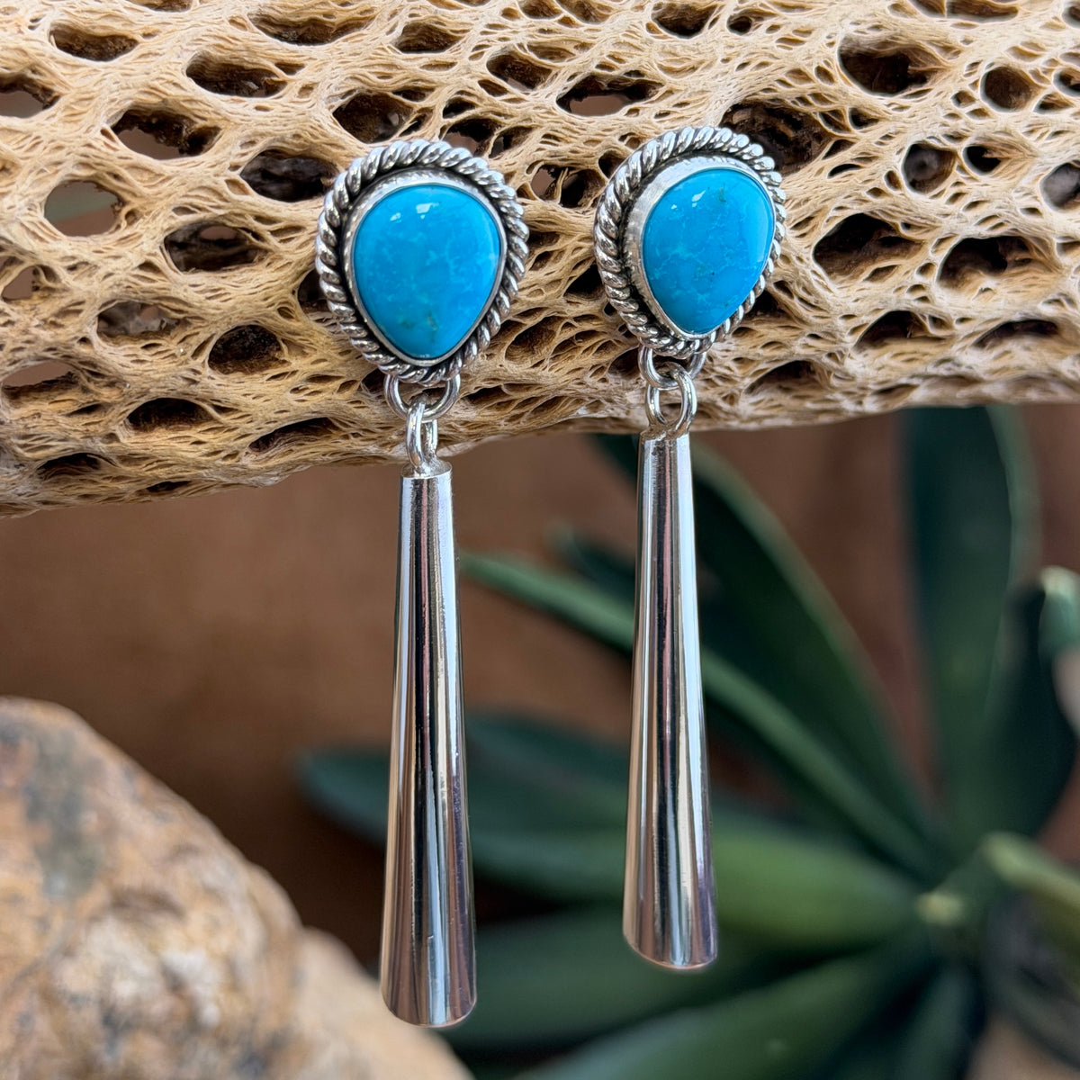 Pair of Kingman turquoise and long sterling silver dangle earrings
