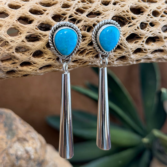 Pair of Kingman turquoise and long sterling silver dangle earrings