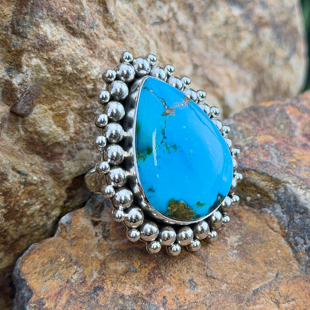 Kingman Turquoise Sterling Silver Ring by Artie Yellowhorse, Size 7.75, angled view