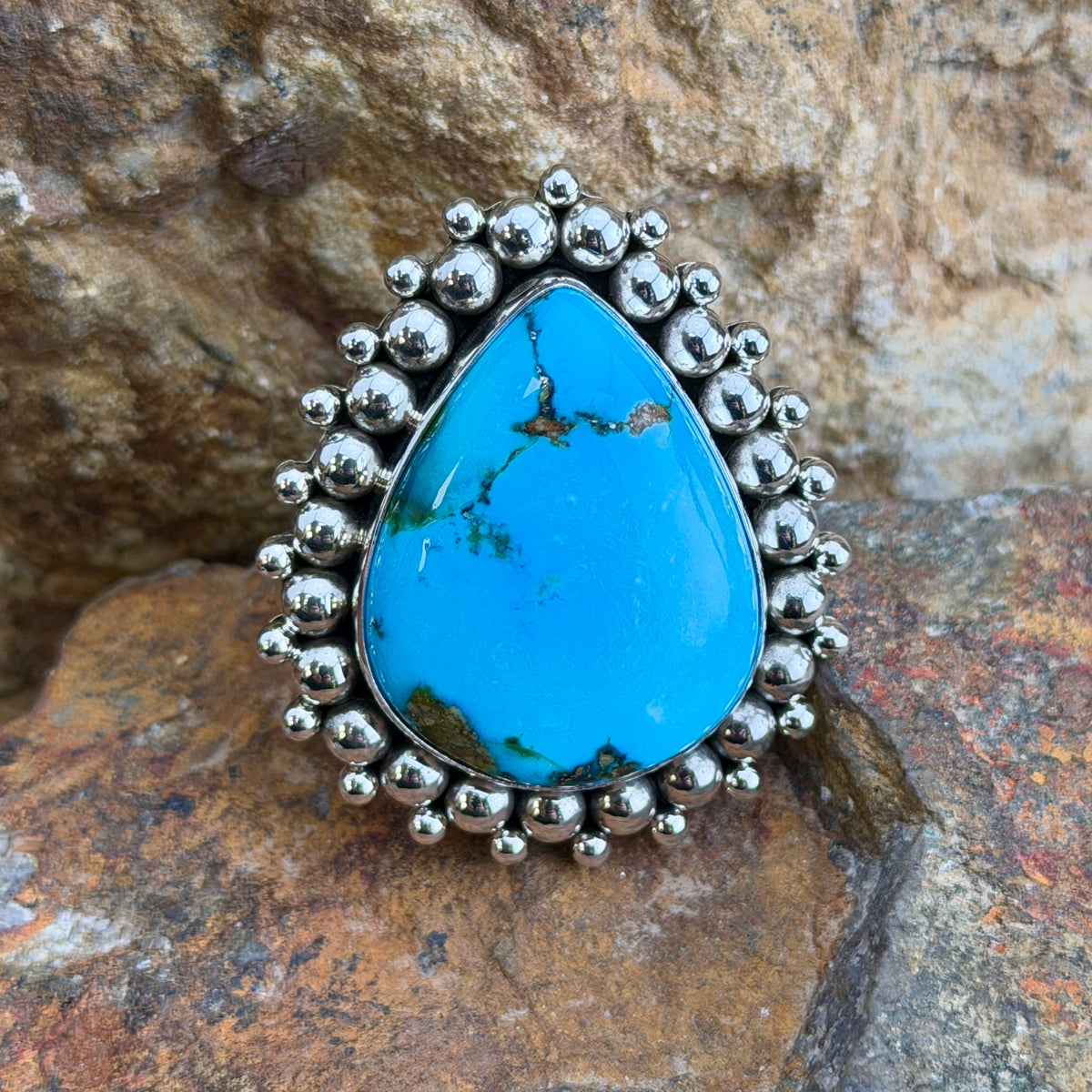 Kingman Turquoise Sterling Silver Ring by Artie Yellowhorse, Size 7.75, close up