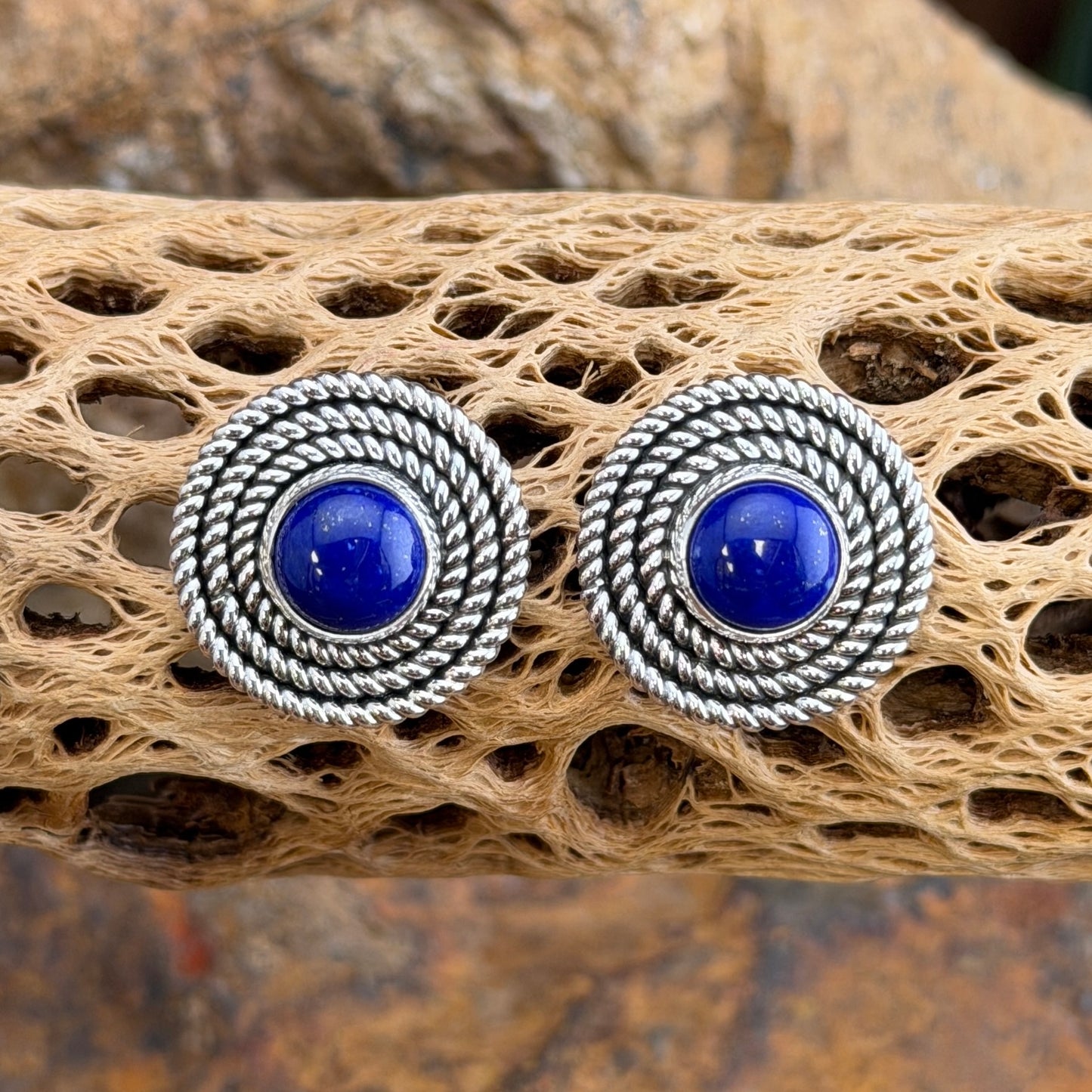 A pair of silver-toned spiral stud earrings with deep blue oval centers, displayed on a textured tan driftwood piece.