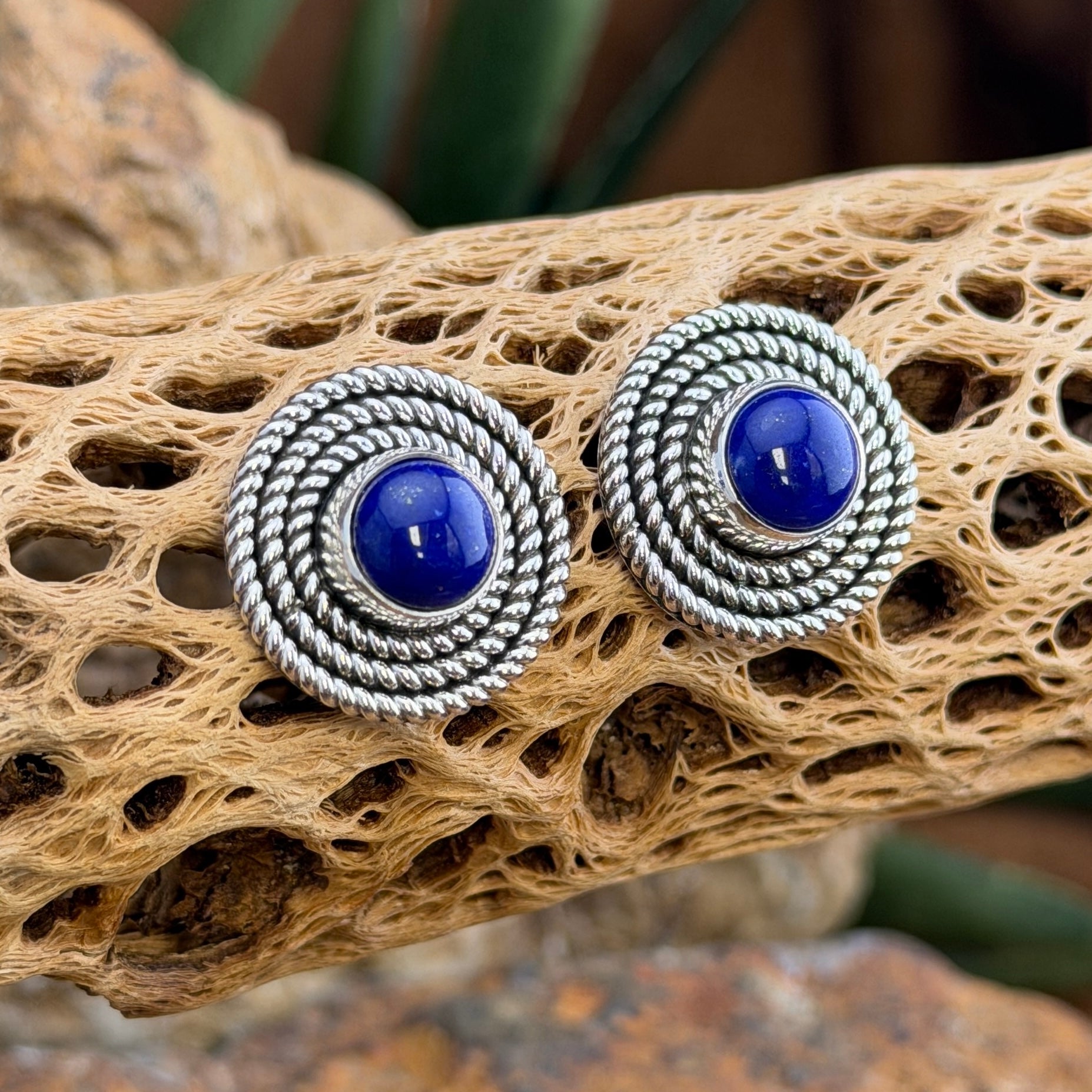 A pair of silver-toned spiral stud earrings with deep blue oval centers, displayed on a textured tan driftwood piece.