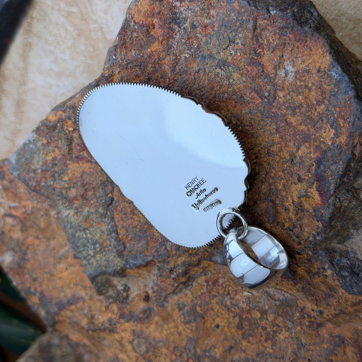 Royal Lapis Sterling Silver Pendant by Henry Chackee and Artie Yellowhorse, front view