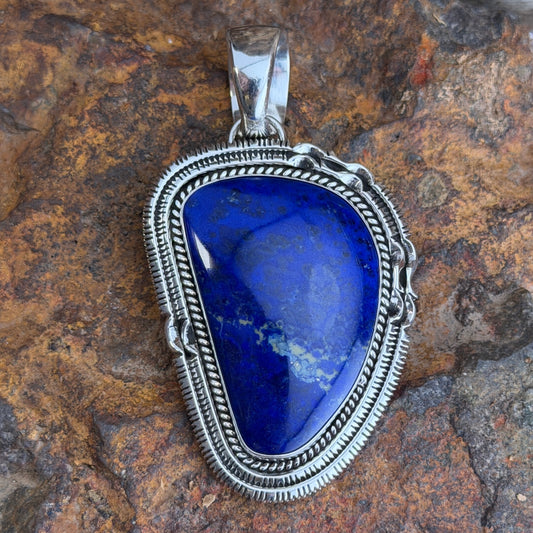 Royal Lapis Sterling Silver Pendant by Henry Chackee and Artie Yellowhorse, reverse with hallmarks