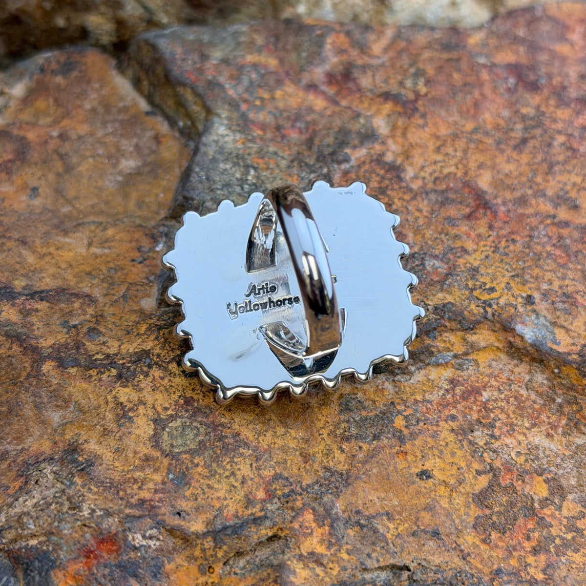 Large Rosarita Square Ring by Artie Yellowhorse, hallmark stamp
