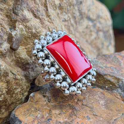 Large Rosarita Square Ring by Artie Yellowhorse, close up
