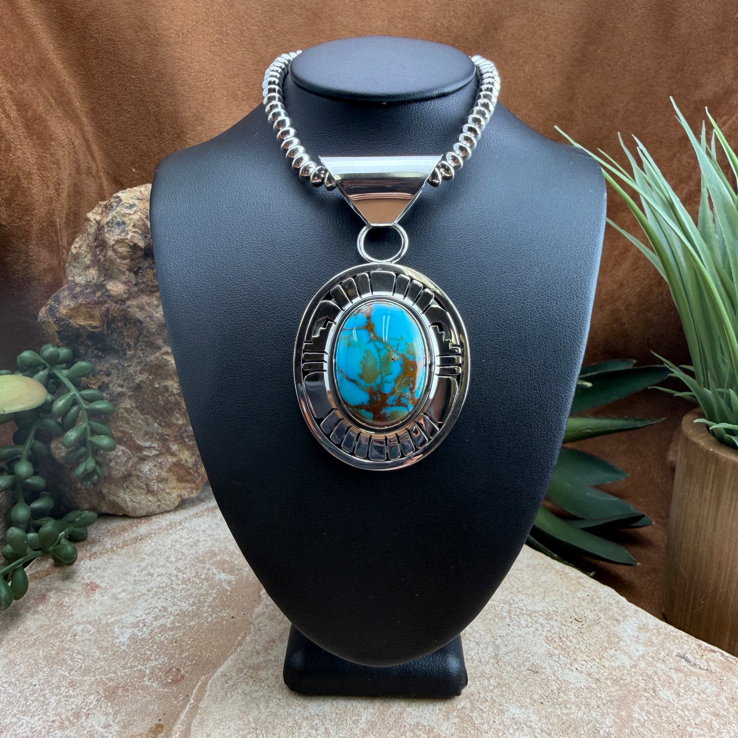 Bisbee Turquoise Sterling Silver Pendant by Leonard Nez