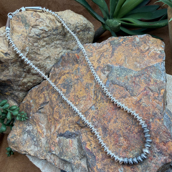 Silver beaded necklace on a textured stone surface with succulents