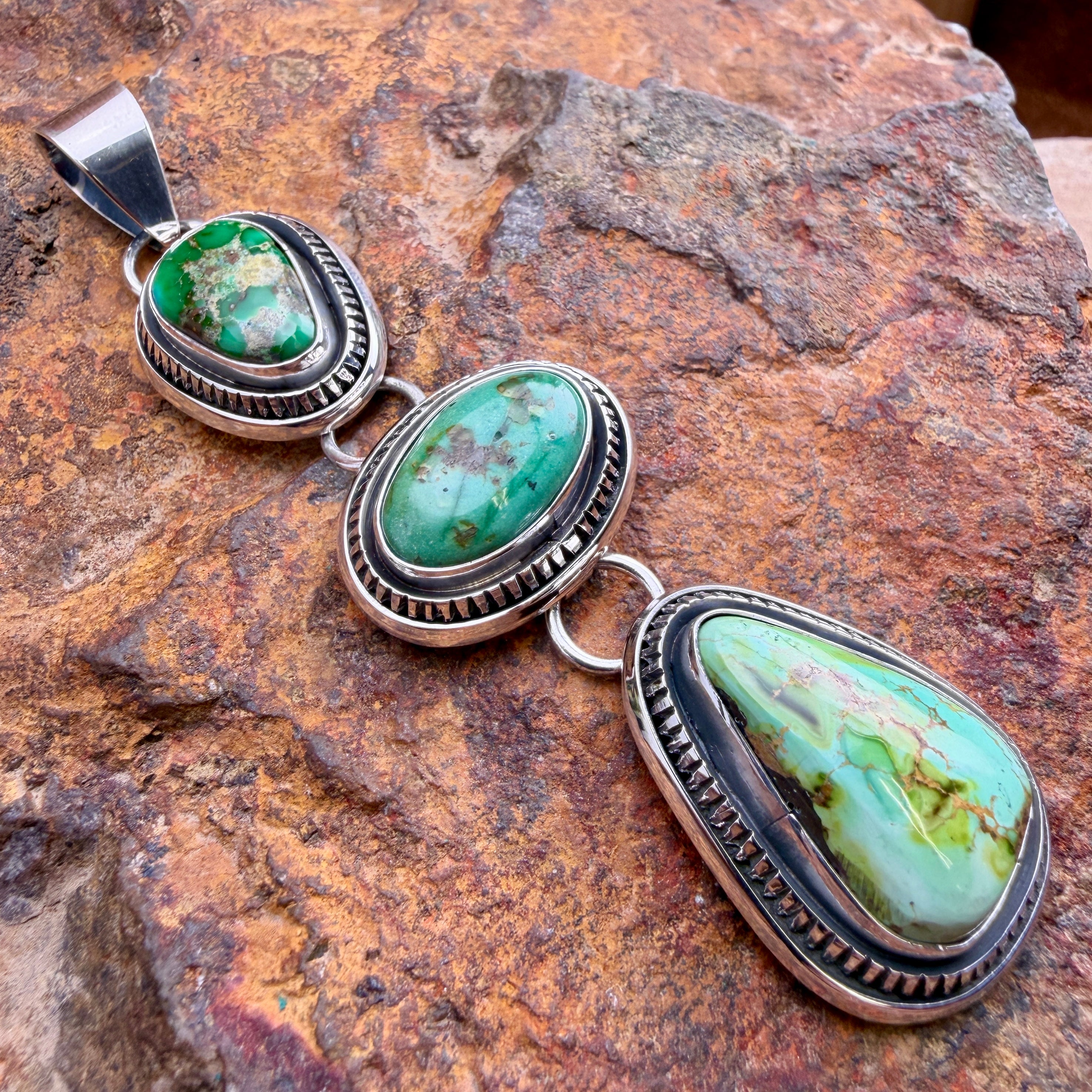 Leonard Nez Sonoran Gold Turquoise 3-Drop Sterling Silver Pendant