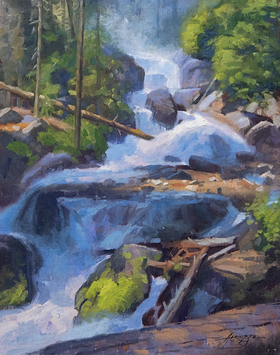 Painting of a forest stream with rocks and waterfalls