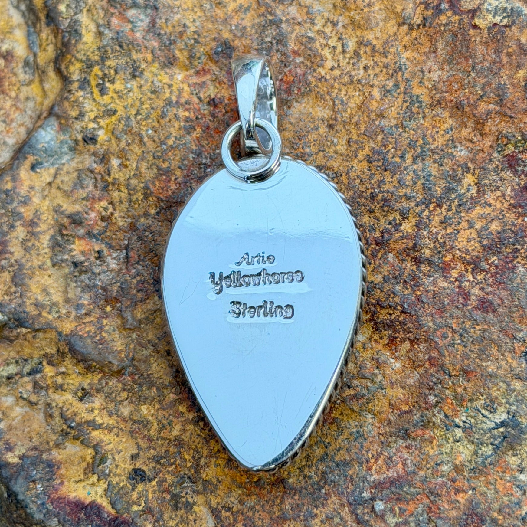 Maligeno Jasper Pendant by Artie Yellowhorse - reverse showing Artie Yellowhorse Sterling hallmark stamp