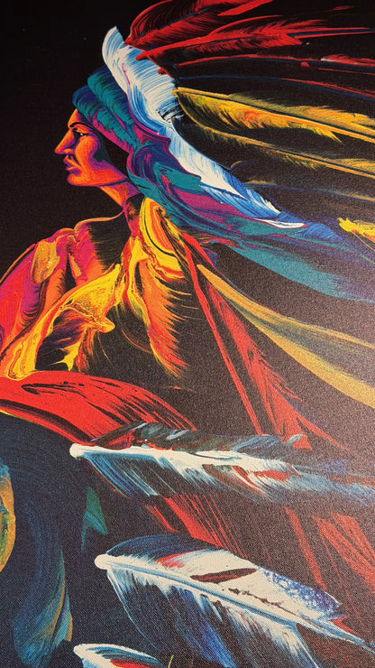 Vibrant, colorful art print depicting a Native American profile wearing a feathered headdress, rendered in bold strokes of red, yellow, blue, and white against a dark background.