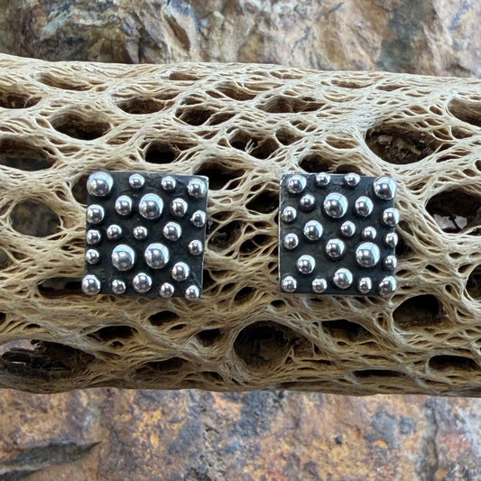 Million Drops Sterling Silver Square Post Earrings by Ray Coriz - front view showing oxidized silver with scattered silver drops