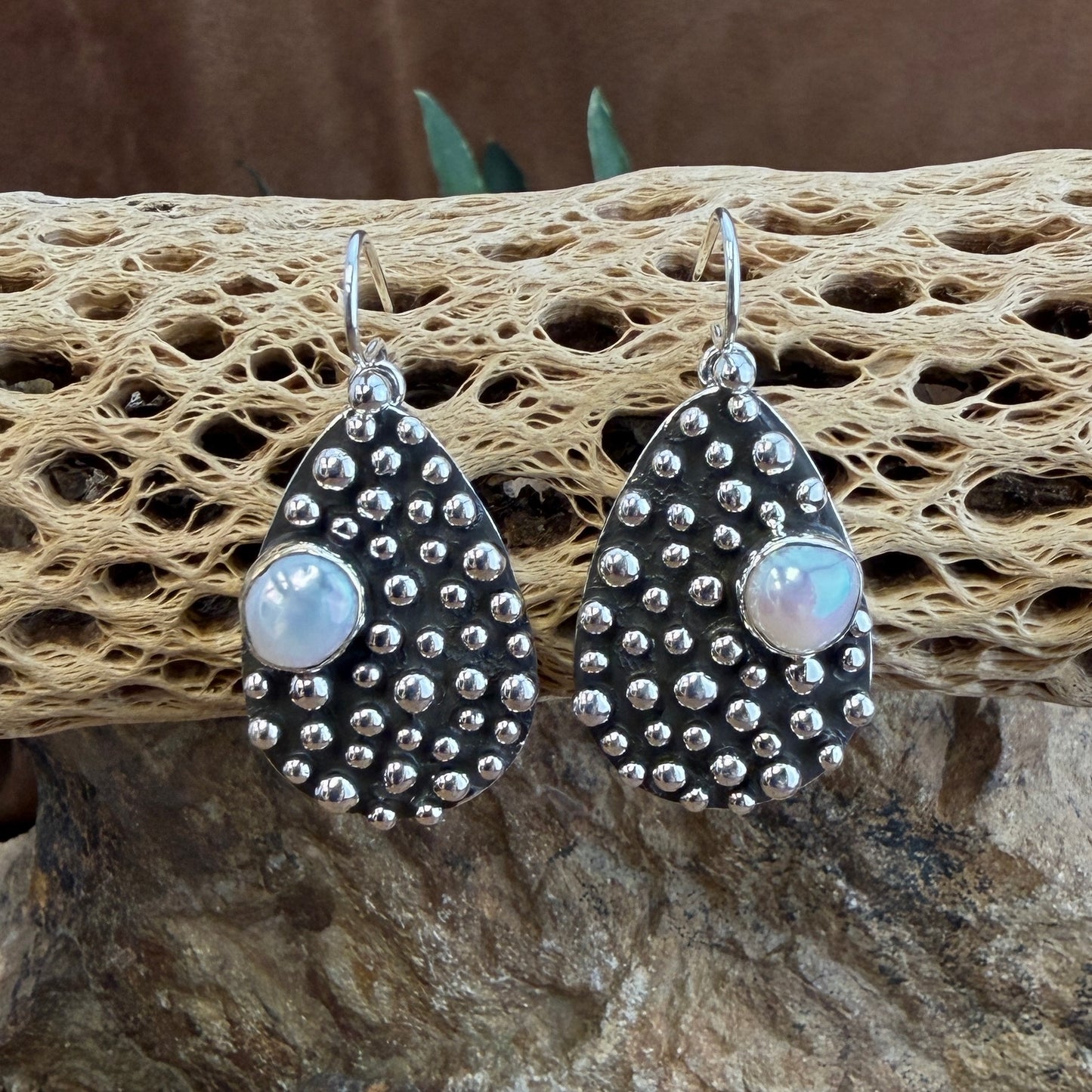 Million Drops Fresh Water Pearl Sterling Silver Earrings by Ray Coriz - front view showing teardrop oxidized silver with pearl and silver dots