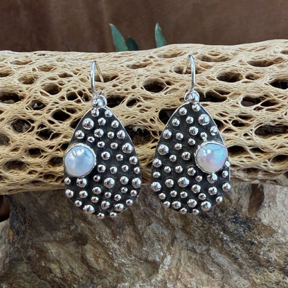 Million Drops Fresh Water Pearl Sterling Silver Earrings by Ray Coriz - front view showing teardrop oxidized silver with pearl and silver dots