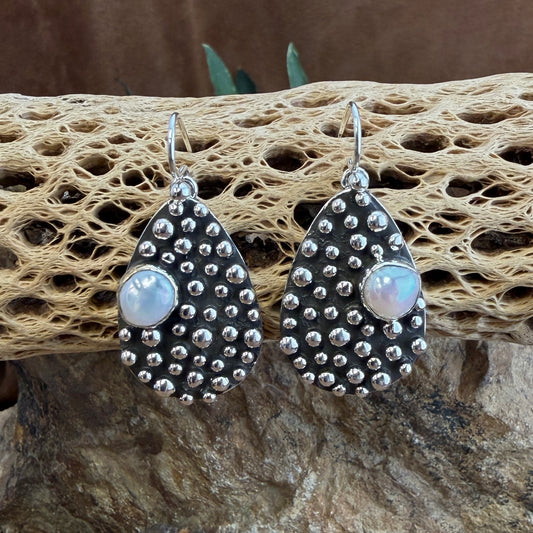 Million Drops Fresh Water Pearl Sterling Silver Earrings by Ray Coriz - front view showing teardrop oxidized silver with pearl and silver dots