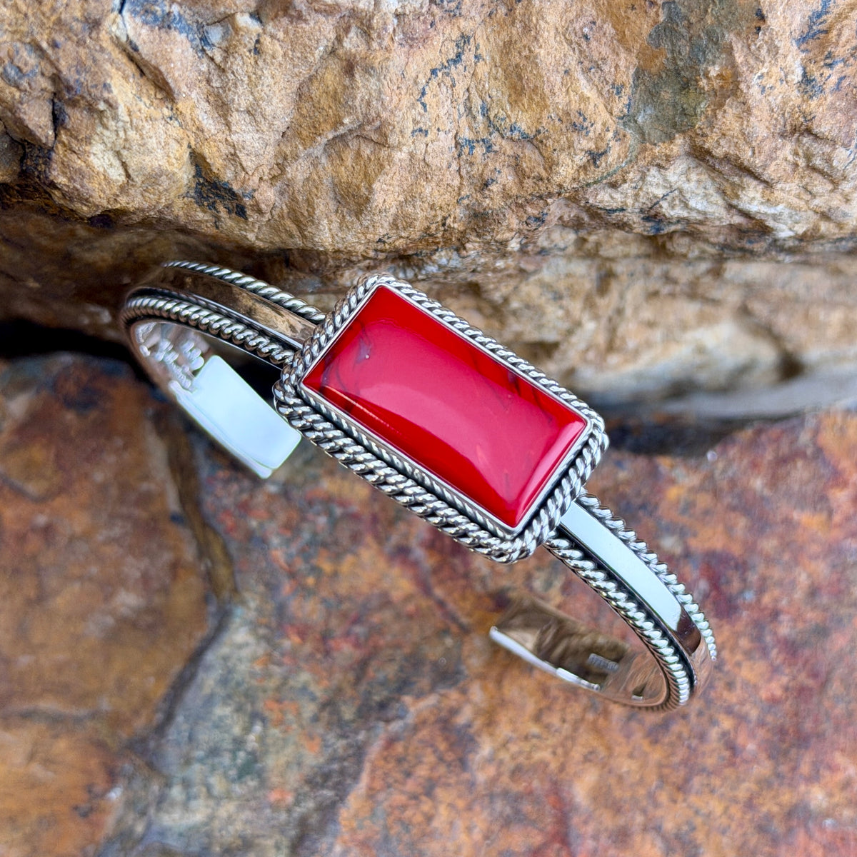Narrow Rosarita Sterling Cuff Bracelet by Artie Yellowhorse, close up